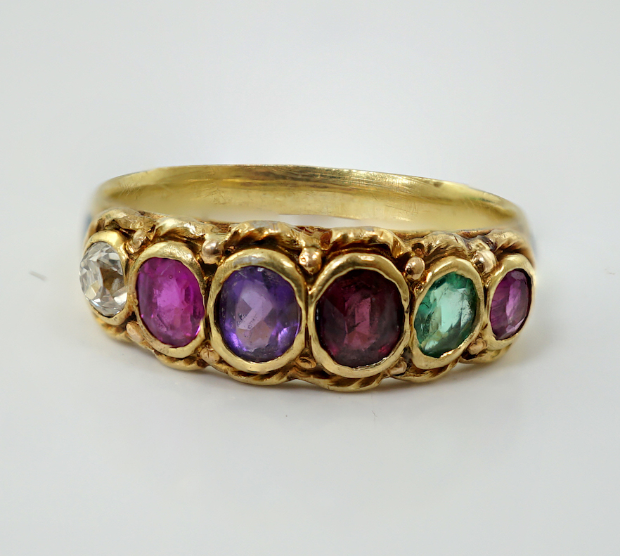 A 19th century gold, two colour enamel and graduated multi gem set 'Regard' half hoop ring